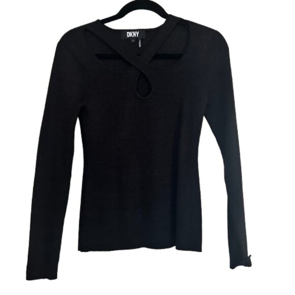 DKNY Ribbed Sparkle Knit Cut Out Long Sleeve Sweater Top Size Medium - Picture 2 of 7